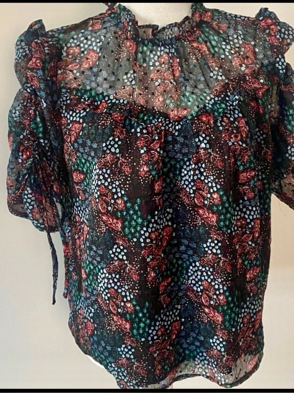 LOFT Floral Sheer Blouse Smocked Ruffle Neck Puff Sleeve Top Small